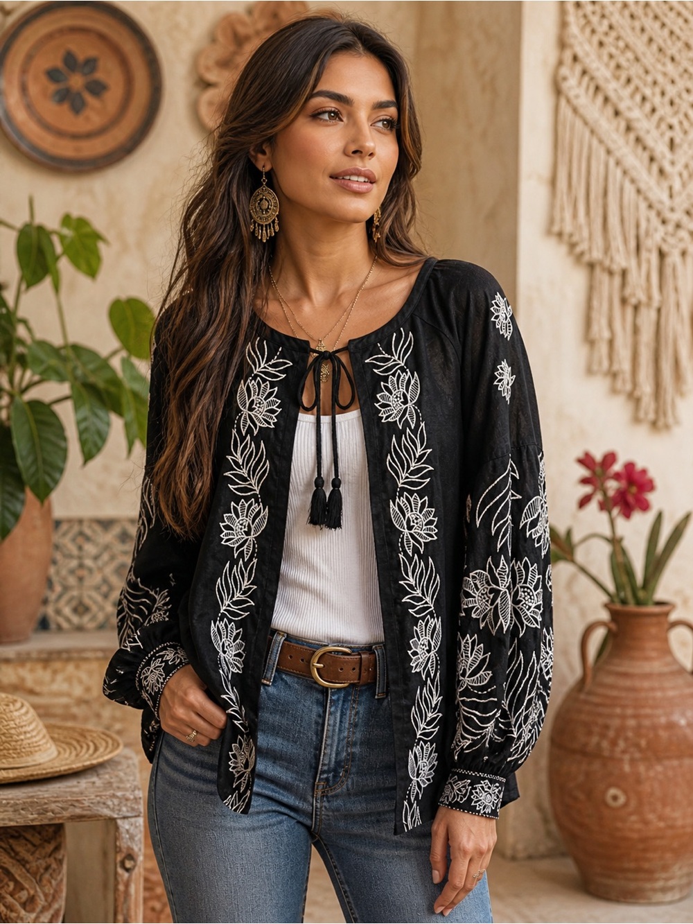 🌟B647. Boho Elegant Black Embroidered Open Cardigan with Tassel Ties